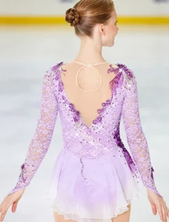 Figure Skating Dress Women's Girls' Ice Skating Dress Outfits Violet Black White Patchwork Mesh Spandex Lace High Elasticity Competition Skating Wear Handmade Crystal / Rhinestone Long Sleeve Ice