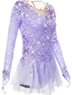 Figure Skating Dress Women's Girls' Ice Skating Dress Outfits Violet Black White Patchwork Mesh Spandex Lace High Elasticity Competition Skating Wear Handmade Crystal / Rhinestone Long Sleeve Ice