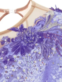 Figure Skating Dress Women's Girls' Ice Skating Dress Outfits Violet Black White Patchwork Mesh Spandex Lace High Elasticity Competition Skating Wear Handmade Crystal / Rhinestone Long Sleeve Ice