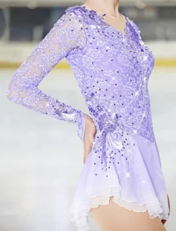 Figure Skating Dress Women's Girls' Ice Skating Dress Outfits Violet Black White Patchwork Mesh Spandex Lace High Elasticity Competition Skating Wear Handmade Crystal / Rhinestone Long Sleeve Ice