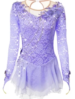 Figure Skating Dress Women's Girls' Ice Skating Dress Outfits Violet Black White Patchwork Mesh Spandex Lace High Elasticity Competition Skating Wear Handmade Crystal / Rhinestone Long Sleeve Ice