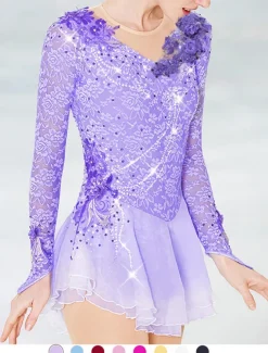 Figure Skating Dress Women's Girls' Ice Skating Dress Outfits Violet Black White Patchwork Mesh Spandex Lace High Elasticity Competition Skating Wear Handmade Crystal / Rhinestone Long Sleeve Ice