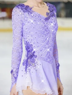 Figure Skating Dress Women's Girls' Ice Skating Dress Outfits Violet Black White Patchwork Mesh Spandex Lace High Elasticity Competition Skating Wear Handmade Crystal / Rhinestone Long Sleeve Ice