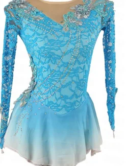 Figure Skating Dress Women's Girls' Ice Skating Dress Outfits Violet Black White Patchwork Mesh Spandex Lace High Elasticity Competition Skating Wear Handmade Crystal / Rhinestone Long Sleeve Ice