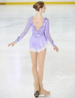 Figure Skating Dress Women's Girls' Ice Skating Dress Outfits Violet Black White Patchwork Mesh Spandex Lace High Elasticity Competition Skating Wear Handmade Crystal / Rhinestone Long Sleeve Ice