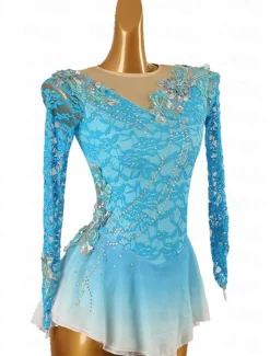 Figure Skating Dress Women's Girls' Ice Skating Dress Outfits Violet Black White Patchwork Mesh Spandex Lace High Elasticity Competition Skating Wear Handmade Crystal / Rhinestone Long Sleeve Ice