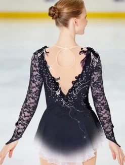 Figure Skating Dress Women's Girls' Ice Skating Dress Outfits Violet Black White Patchwork Mesh Spandex Lace High Elasticity Competition Skating Wear Handmade Crystal / Rhinestone Long Sleeve Ice