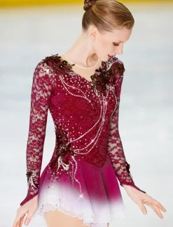 Figure Skating Dress Women's Girls' Ice Skating Dress Outfits Violet Black White Patchwork Mesh Spandex Lace High Elasticity Competition Skating Wear Handmade Crystal / Rhinestone Long Sleeve Ice