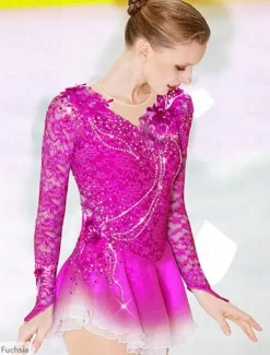 Figure Skating Dress Women's Girls' Ice Skating Dress Outfits Violet Black White Patchwork Mesh Spandex Lace High Elasticity Competition Skating Wear Handmade Crystal / Rhinestone Long Sleeve Ice