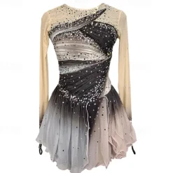 Figure Skating Dress Women's Girls' Ice Skating Dress Grey Patchwork Thumbhole Mesh Spandex Stretchy Training Practice Professional Skating Wear Crystal / Rhinestone Long Sleeve Figure Skating