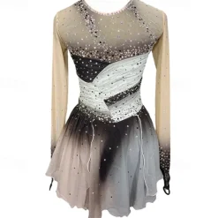 Figure Skating Dress Women's Girls' Ice Skating Dress Grey Patchwork Thumbhole Mesh Spandex Stretchy Training Practice Professional Skating Wear Crystal / Rhinestone Long Sleeve Figure Skating