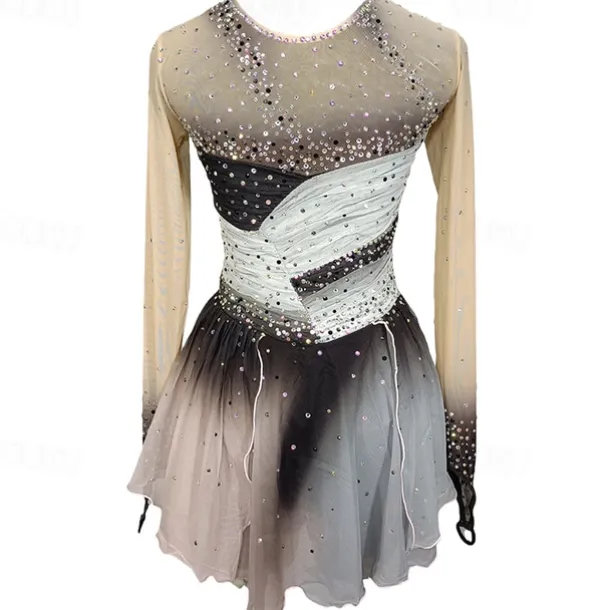 Figure Skating Dress Women's Girls' Ice Skating Dress Grey Patchwork Thumbhole Mesh Spandex Stretchy Training Practice Professional Skating Wear Crystal / Rhinestone Long Sleeve Figure Skating