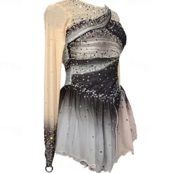 Figure Skating Dress Women's Girls' Ice Skating Dress Grey Patchwork Thumbhole Mesh Spandex Stretchy Training Practice Professional Skating Wear Crystal / Rhinestone Long Sleeve Figure Skating