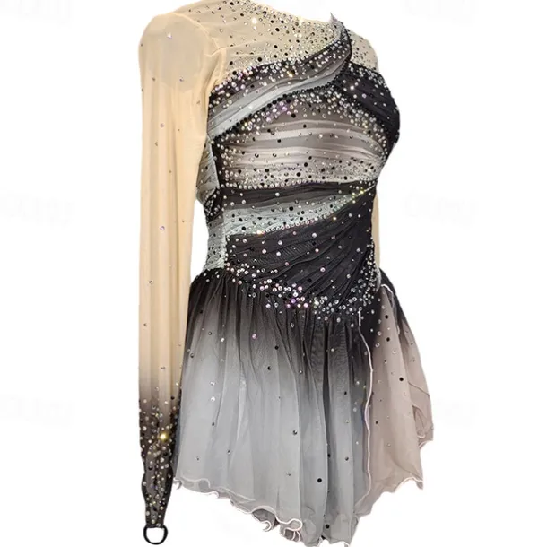 Figure Skating Dress Women's Girls' Ice Skating Dress Grey Patchwork Thumbhole Mesh Spandex Stretchy Training Practice Professional Skating Wear Crystal / Rhinestone Long Sleeve Figure Skating
