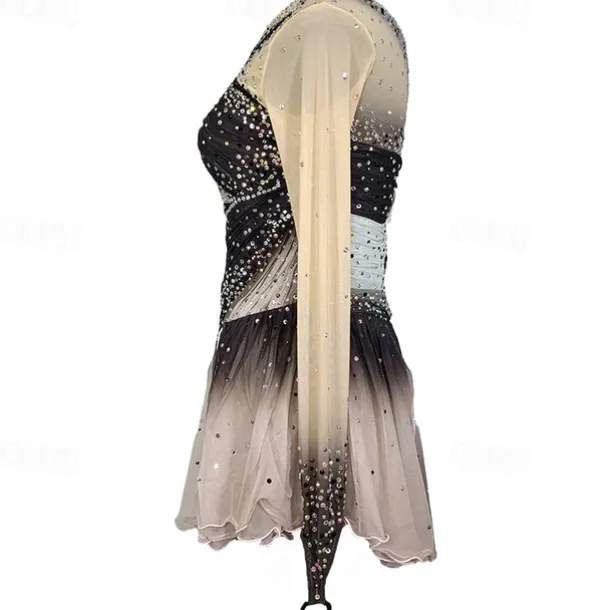 Figure Skating Dress Women's Girls' Ice Skating Dress Grey Patchwork Thumbhole Mesh Spandex Stretchy Training Practice Professional Skating Wear Crystal / Rhinestone Long Sleeve Figure Skating