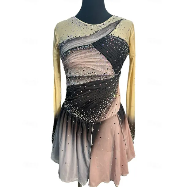 Figure Skating Dress Women's Girls' Ice Skating Dress Grey Patchwork Thumbhole Mesh Spandex Stretchy Training Practice Professional Skating Wear Crystal / Rhinestone Long Sleeve Figure Skating