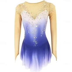 Figure Skating Dress Women's Girls' Ice Skating Dress Blue High Elasticity Training Competition Skating Wear Classic Crystal / Rhinestone Long Sleeve Ice Skating Figure Skating