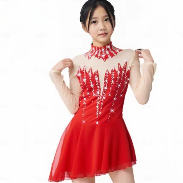 Figure Skating Dress Women's Girls' Ice Skating Dress Black Red Thumbhole Asymmetric Hem Mesh Spandex Stretchy Training Practice Professional Skating Wear Thermal Warm Classic Crystal / Rhinestone