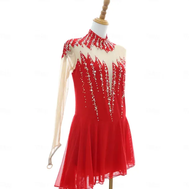 Figure Skating Dress Women's Girls' Ice Skating Dress Black Red Thumbhole Asymmetric Hem Mesh Spandex Stretchy Training Practice Professional Skating Wear Thermal Warm Classic Crystal / Rhinestone