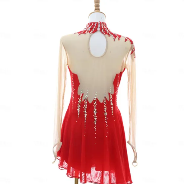 Figure Skating Dress Women's Girls' Ice Skating Dress Black Red Thumbhole Asymmetric Hem Mesh Spandex Stretchy Training Practice Professional Skating Wear Thermal Warm Classic Crystal / Rhinestone
