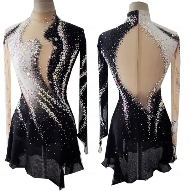 Figure Skating Dress Women's Girls' Ice Skating Dress Black Thumbhole Halo Dyeing High Elasticity Professional Competition Skating Wear Thermal Warm Crystal / Rhinestone Long Sleeve Ice Skating