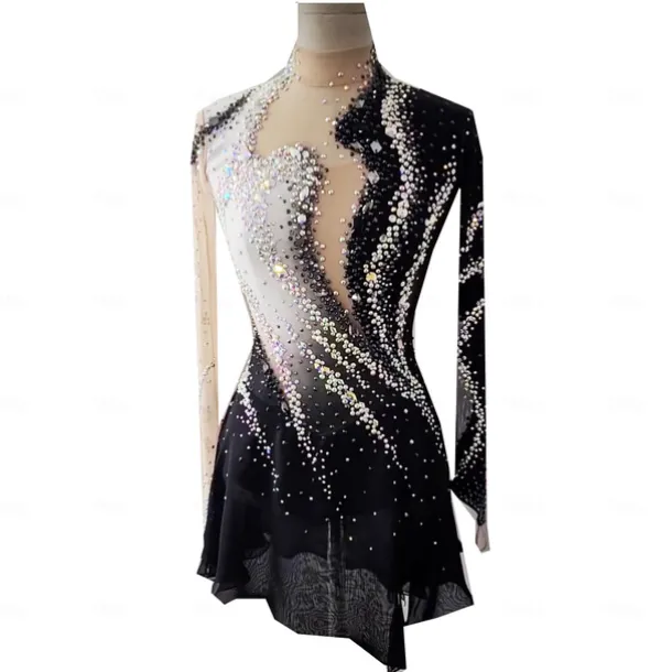 Figure Skating Dress Women's Girls' Ice Skating Dress Black Thumbhole Halo Dyeing High Elasticity Professional Competition Skating Wear Thermal Warm Crystal / Rhinestone Long Sleeve Ice Skating