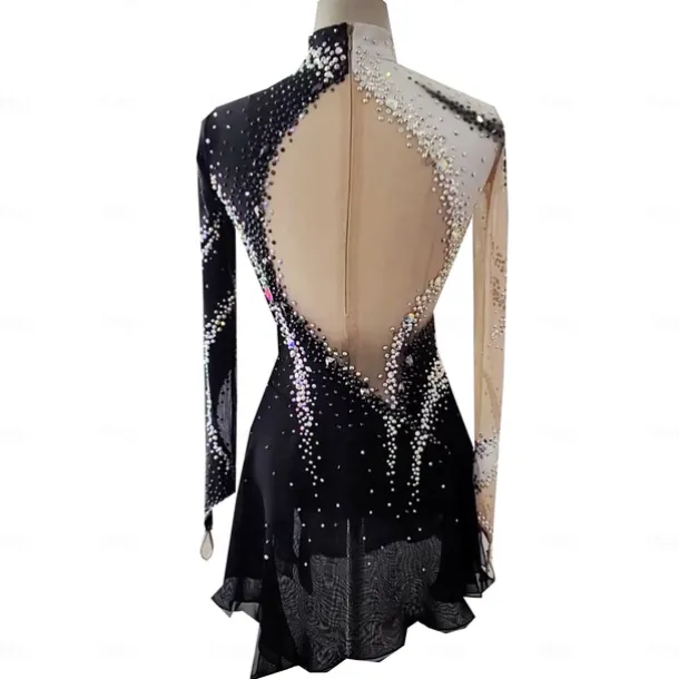 Figure Skating Dress Women's Girls' Ice Skating Dress Black Thumbhole Halo Dyeing High Elasticity Professional Competition Skating Wear Thermal Warm Crystal / Rhinestone Long Sleeve Ice Skating
