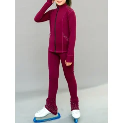 Figure Skating Fleece Jacket Figure Skating Pants Figure Skating Jacket with Pants Women's Girls' Ice Skating Jacket Tights Outfits Burgundy Patchwork Thumbhole Spandex Stretchy Training Practice