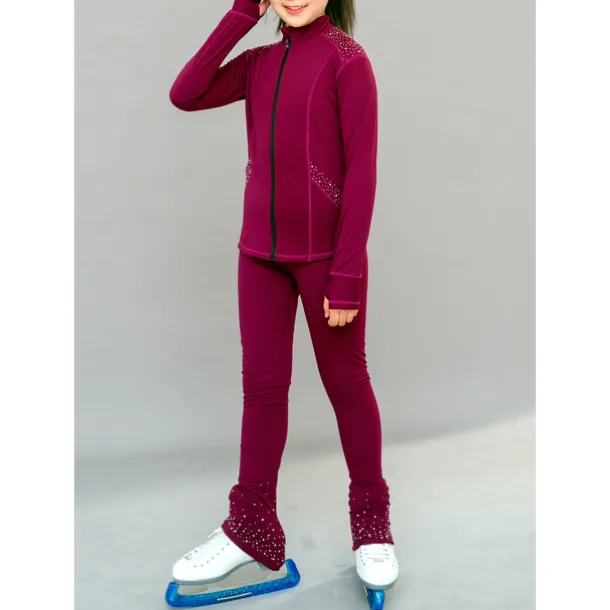 Figure Skating Fleece Jacket Figure Skating Pants Figure Skating Jacket with Pants Women's Girls' Ice Skating Jacket Tights Outfits Burgundy Patchwork Thumbhole Spandex Stretchy Training Practice