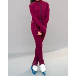 Figure Skating Fleece Jacket Figure Skating Pants Figure Skating Jacket with Pants Women's Girls' Ice Skating Jacket Tights Outfits Burgundy Patchwork Thumbhole Spandex Stretchy Training Practice