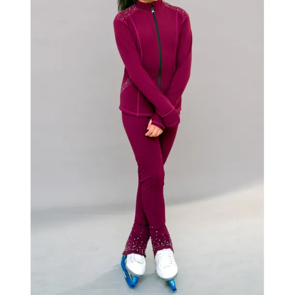 Figure Skating Fleece Jacket Figure Skating Pants Figure Skating Jacket with Pants Women's Girls' Ice Skating Jacket Tights Outfits Burgundy Patchwork Thumbhole Spandex Stretchy Training Practice
