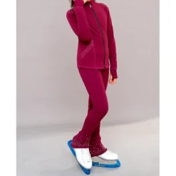 Figure Skating Fleece Jacket Figure Skating Pants Figure Skating Jacket with Pants Women's Girls' Ice Skating Jacket Tights Outfits Burgundy Patchwork Thumbhole Spandex Stretchy Training Practice