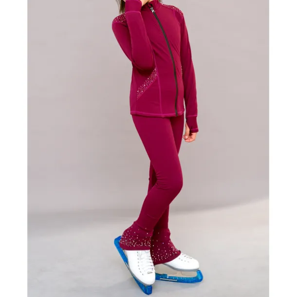 Figure Skating Fleece Jacket Figure Skating Pants Figure Skating Jacket with Pants Women's Girls' Ice Skating Jacket Tights Outfits Burgundy Patchwork Thumbhole Spandex Stretchy Training Practice