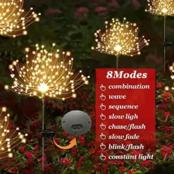Fireworks Solar Lights Outdoor Pathway Lights Solar Powered Starburst Fairy Lights Waterproof 8 Lighting Modes with Remote Control For Patio Decorative Landscape 90/120/150/180/200 LEDs