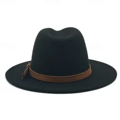 Flat Brim Wool Leather Ribbon Solid Fedoras Women Men Jazz Hat Spring Autumn Church Viking British Felt Hat Outdoor Casual Hat