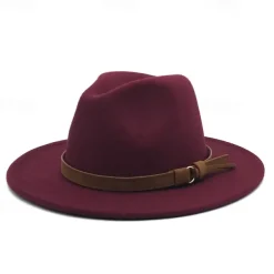 Flat Brim Wool Leather Ribbon Solid Fedoras Women Men Jazz Hat Spring Autumn Church Viking British Felt Hat Outdoor Casual Hat