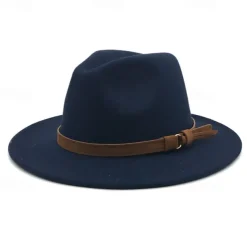 Flat Brim Wool Leather Ribbon Solid Fedoras Women Men Jazz Hat Spring Autumn Church Viking British Felt Hat Outdoor Casual Hat