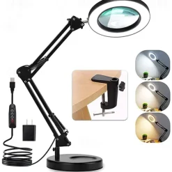 Flexible Clamp-on Table Lamp with 8x Magnifier Glass Swing Arm Dimmable Illuminated Magnifier LEDs Desk Light 3 Color Modes Lamp
