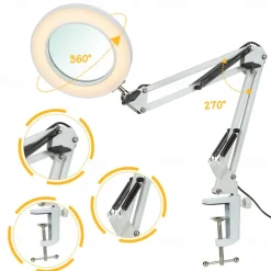 Flexible Clamp-on Table Lamp with 8x Magnifier Glass Swing Arm Dimmable Illuminated Magnifier LEDs Desk Light 3 Color Modes Lamp