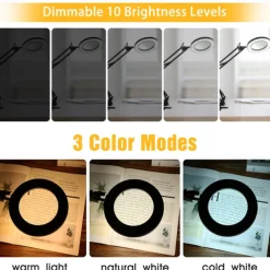 Flexible Clamp-on Table Lamp with 8x Magnifier Glass Swing Arm Dimmable Illuminated Magnifier LEDs Desk Light 3 Color Modes Lamp