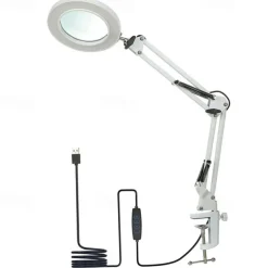Flexible Clamp-on Table Lamp with 8x Magnifier Glass Swing Arm Dimmable Illuminated Magnifier LEDs Desk Light 3 Color Modes Lamp