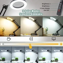 Flexible Clamp-on Table Lamp with 8x Magnifier Glass Swing Arm Dimmable Illuminated Magnifier LEDs Desk Light 3 Color Modes Lamp