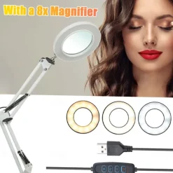 Flexible Clamp-on Table Lamp with 8x Magnifier Glass Swing Arm Dimmable Illuminated Magnifier LEDs Desk Light 3 Color Modes Lamp