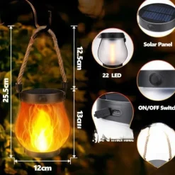 Flickering Flame Solar Lanterns, Dancing Flame Solar Lantern Outdoor Lights, Automatic Light Sensor, Waterproof Hanging Lantern for Pathway Yard Patio Porch Garden Decor