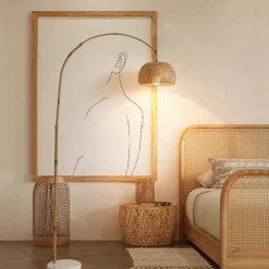Floor Lamp Bedside Floor Lamp Bamboo Style Standing Light with Arc Arm in Wood Wabi-Sabi Style Floor Lamp