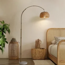 Floor Lamp Bedside Floor Lamp Bamboo Style Standing Light with Arc Arm in Wood Wabi-Sabi Style Floor Lamp