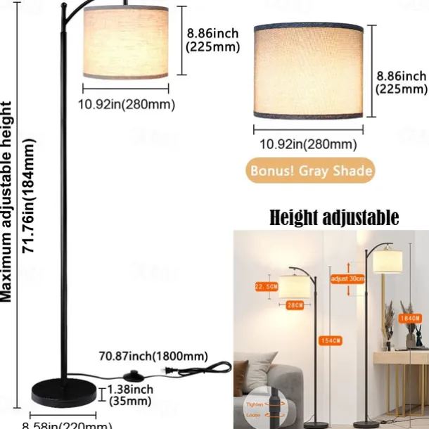 Floor Lamp Multi Functional Living Room Optional Intelligent WIFI RGBCW Bulb and Adjustable Lever 60-71 inch High Gray Linen Lamp Bedroom Sun Shade Vertical Lamp