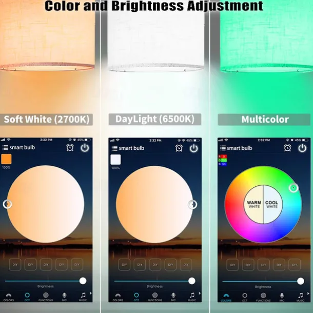 Floor Lamp Multi Functional Living Room Optional Intelligent WIFI RGBCW Bulb and Adjustable Lever 60-71 inch High Gray Linen Lamp Bedroom Sun Shade Vertical Lamp