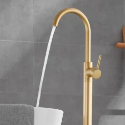 Floor Mount Standing Bathtub Faucet, 360° Swivel Freestanding Tub Filler Mixer Tap Brass Spout High Flow Shower Faucets