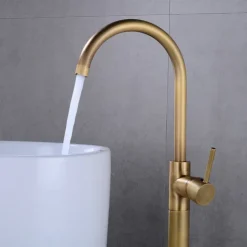 Floor Mount Standing Bathtub Faucet, 360° Swivel Freestanding Tub Filler Mixer Tap Brass Spout High Flow Shower Faucets